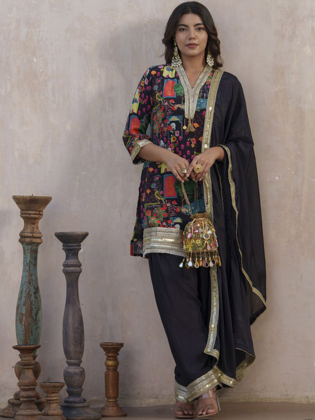 Sangria Black Ethnic Motifs Printed V-Neck Straight Kurta With Salwar And Dupatta