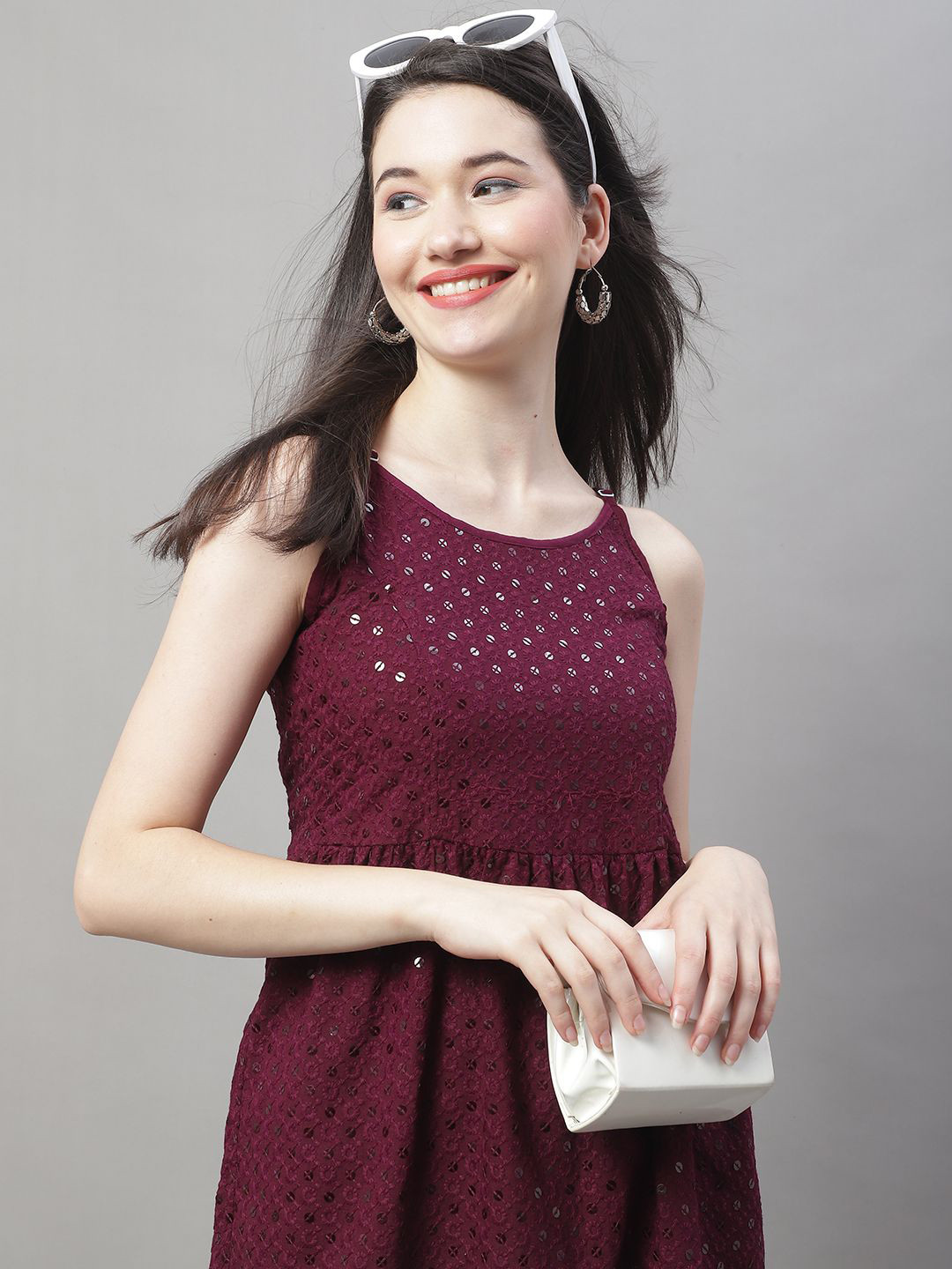 JAINISH Embroidered Chikankari Sequined A-Line Top