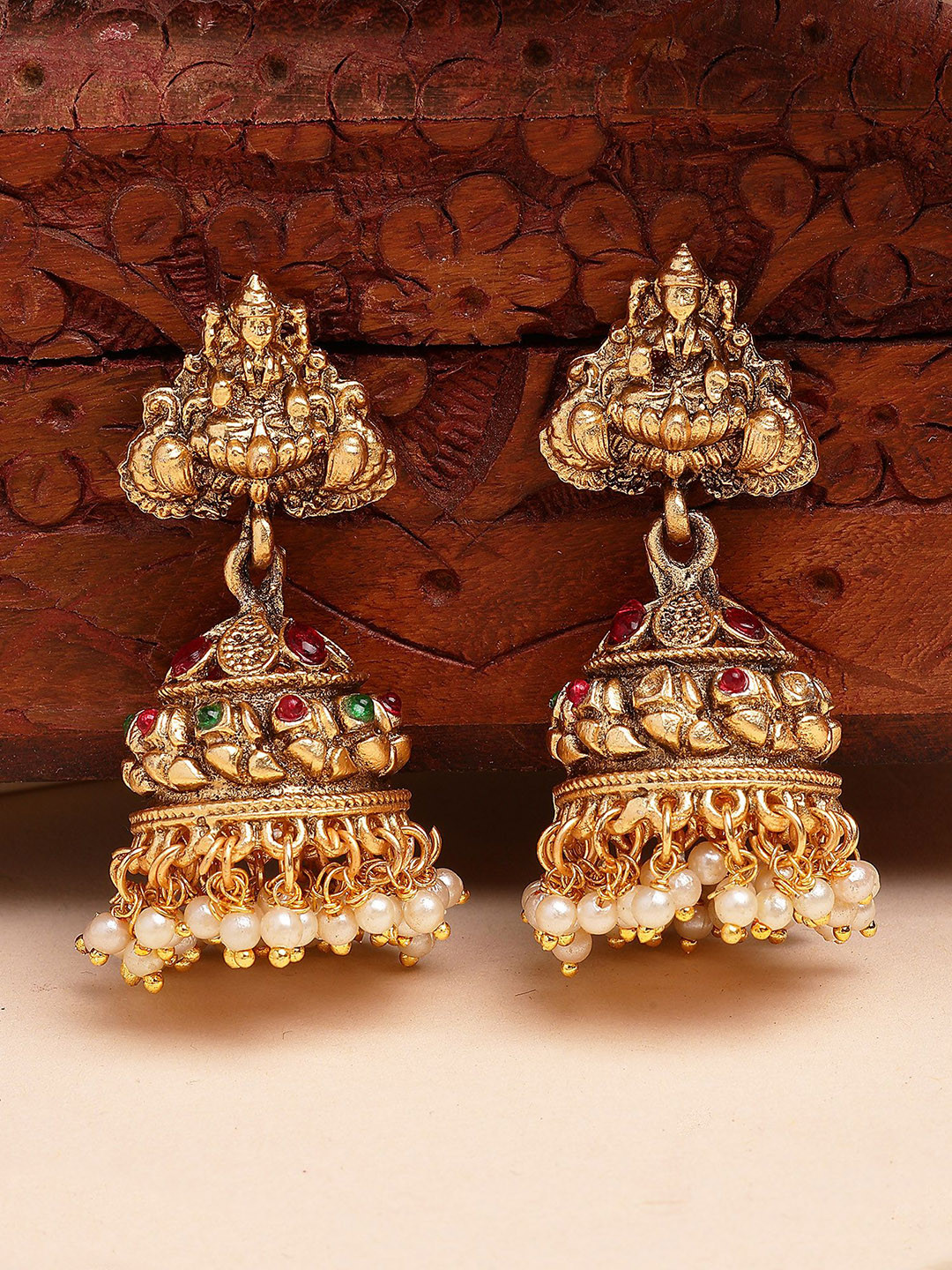 KARATCART Gold-Plated Beaded Laxmi Mata Design Jhumkas