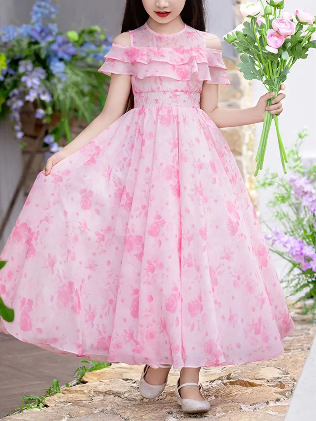 BAESD Girls Floral Printed Ruffled Satin Maxi Dress