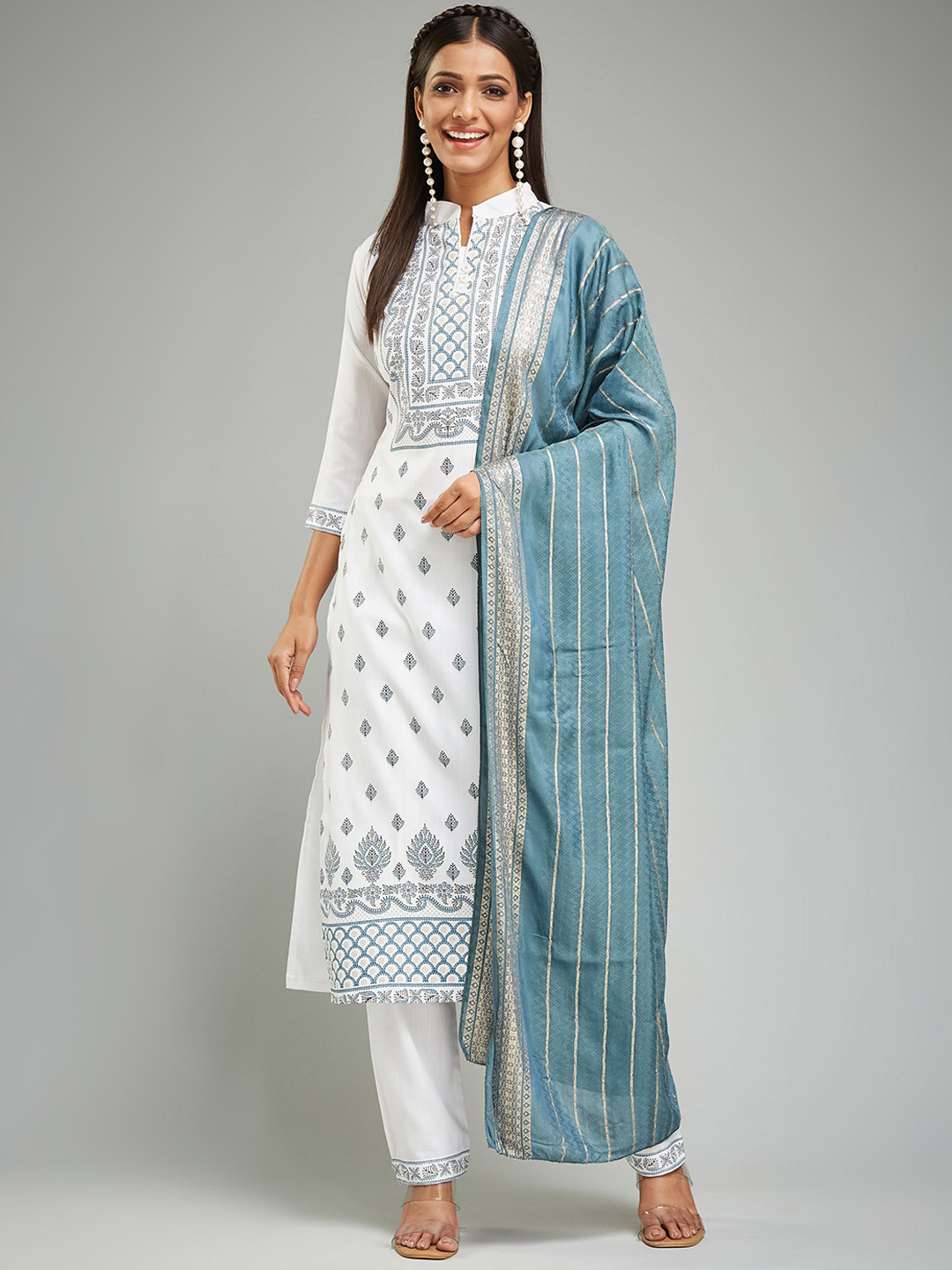 OXIT CLASS Floral Printed Mandarin Collar Jacquard Straight Kurta With Trousers & Dupatta