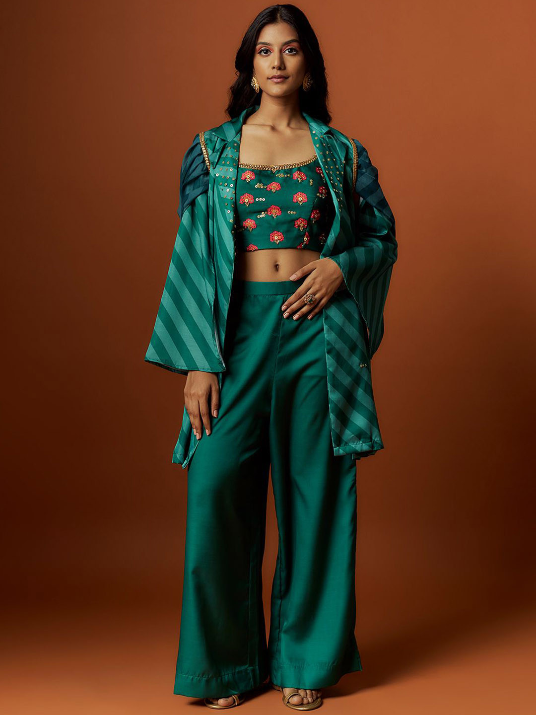 Mystake By Meghna Shah Embroidered Round Neck Cropped Top With Palazzos And  Jacket