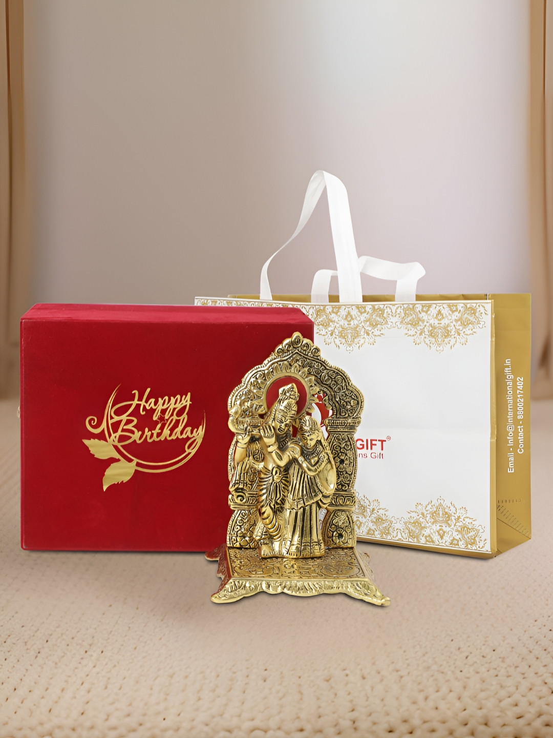 INTERNATIONAL GIFT Radha Krishna Gold Aluminium Metallic Prayer Room Medium Showpiece - 6.5 Inches