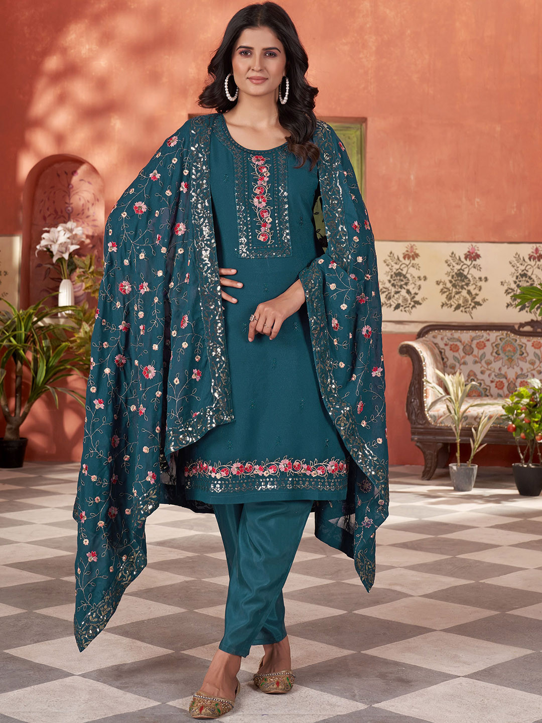 VARNI FABRICS Floral Embroidered Straight Thread Work Kurta With Trousers And Dupatta