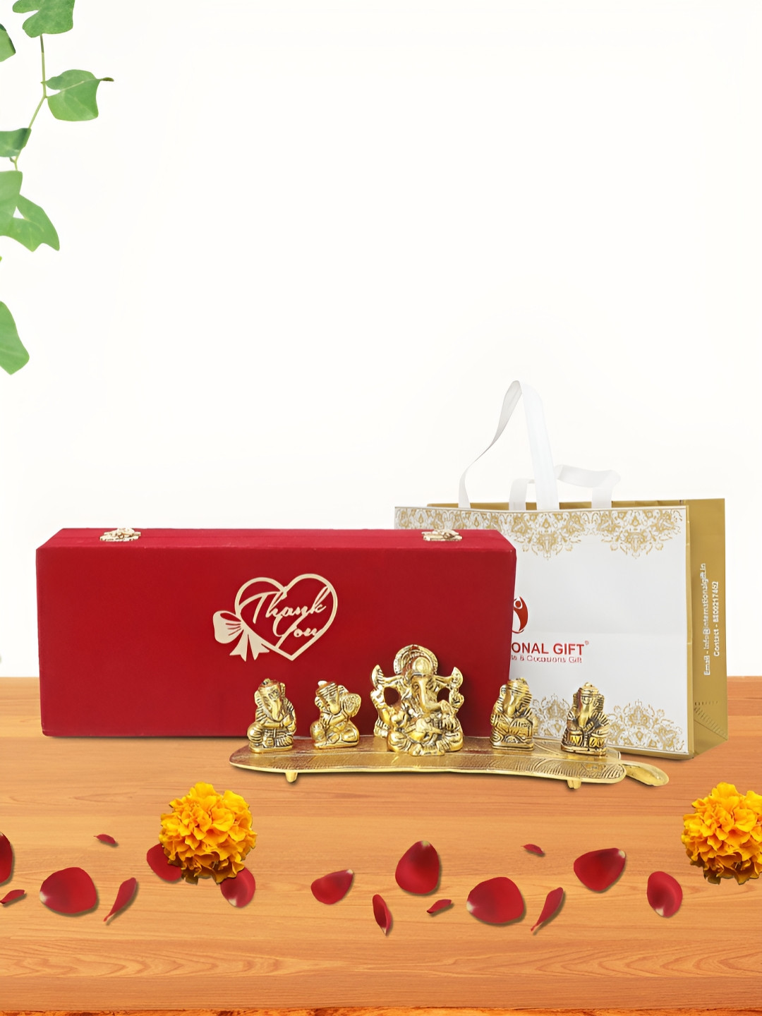 INTERNATIONAL GIFT Musical Ganesh with Box, Bag and 'Thank You' Personalized Tag Gold Metal Metallic Prayer Room Music Medium Showpiece - 6.5 Inches