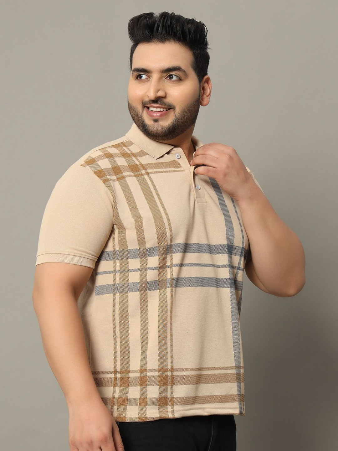 RELANE Men BIGPOLO117 Plus Size Checked Polo Collar Cotton T-shirt