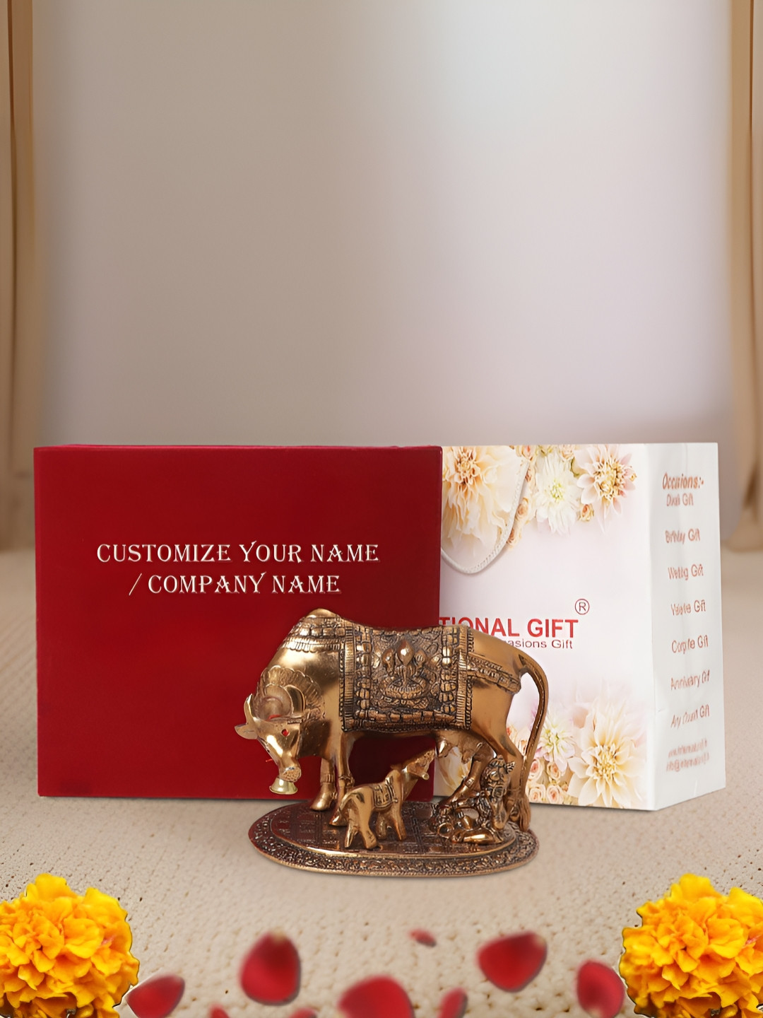 INTERNATIONAL GIFT Kamdhenu Cow with Box, Bag and Personalized Tag Copper Metal Metallic Prayer Room Medium Showpiece - 6.5 Inches