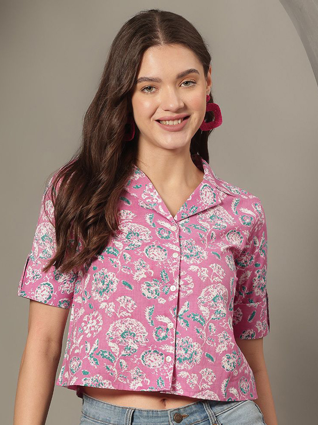JANAKDULARI CREATION Floral Printed Roll-Up Sleeves Cotton Shirt Style Crop Top