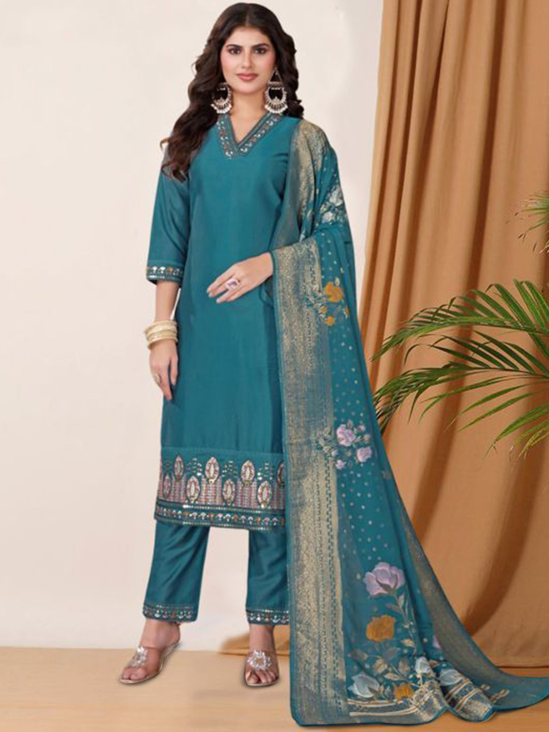 PARROT CREATION Floral Yoke Design V-Neck Pure Silk Straight Kurta With Trouser & Dupatta