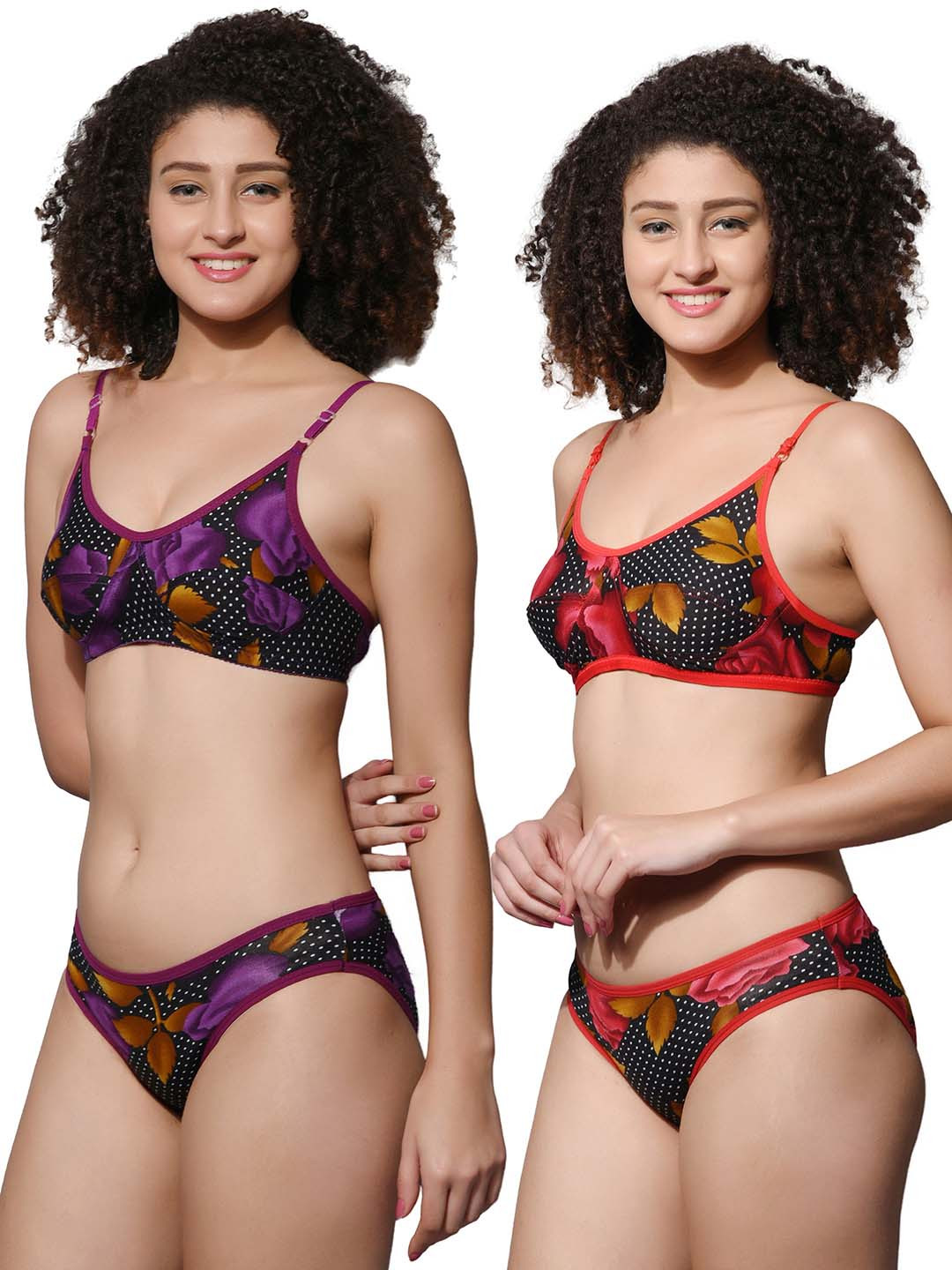 Fihana Women Pack Of 2 Printed Cotton Shoulder Straps Lingerie Set HNP-444-PRPL-RED-30B