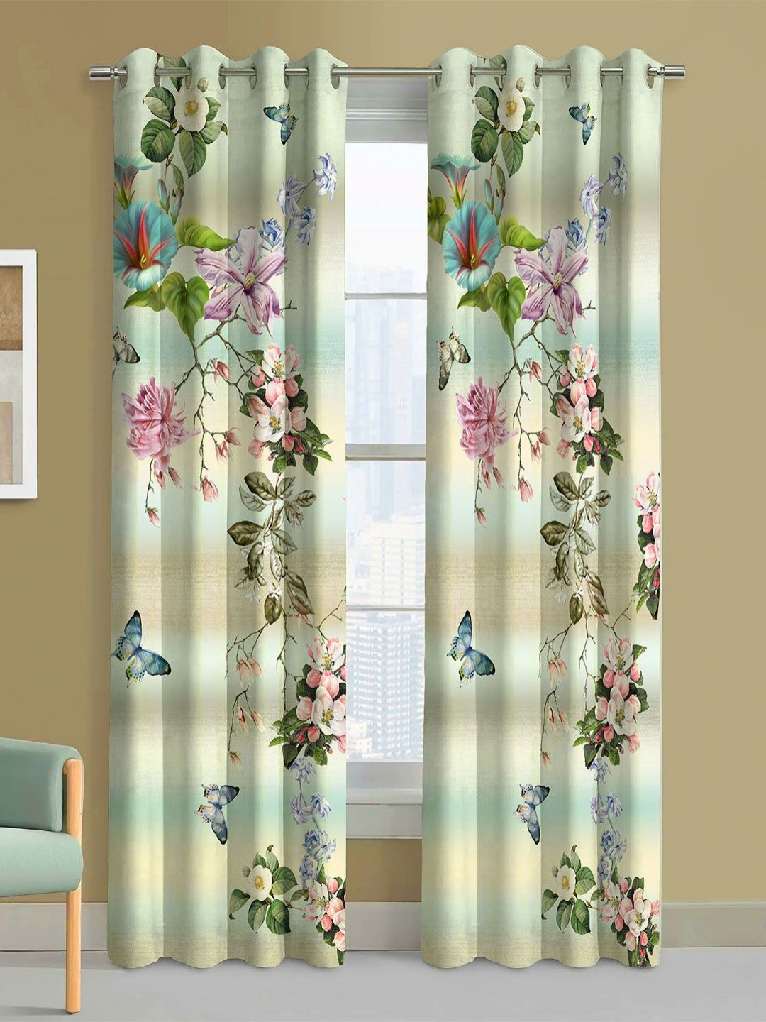 Steve & Anderson Jester Green And Pink 2 Pieces Floral Printed Door Curtain (7 Feet)