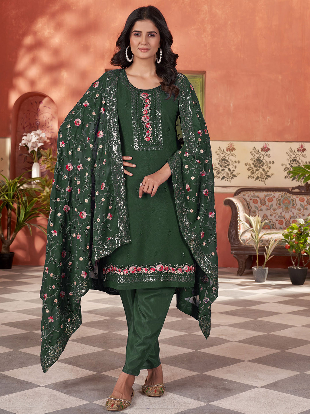 VARNI FABRICS Floral Embroidered Straight Thread Work Kurta With Trousers And Dupatta