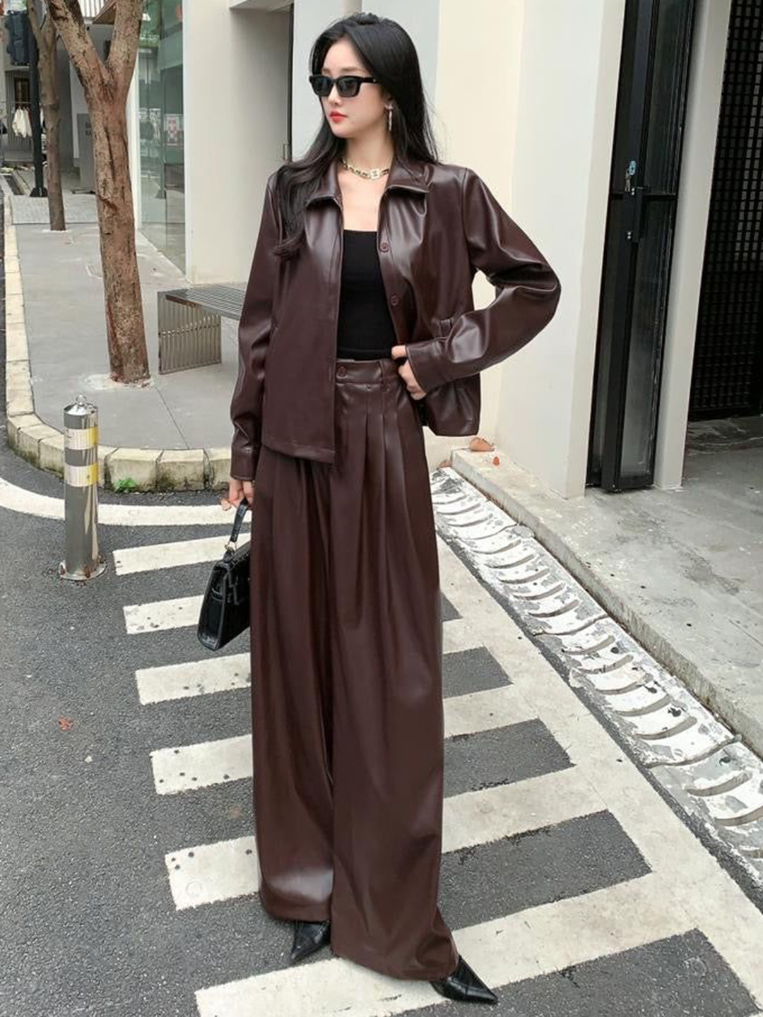 Miss Mosa By Akanksha  Brown Biro Leather Premium Co-Ords Set - 2