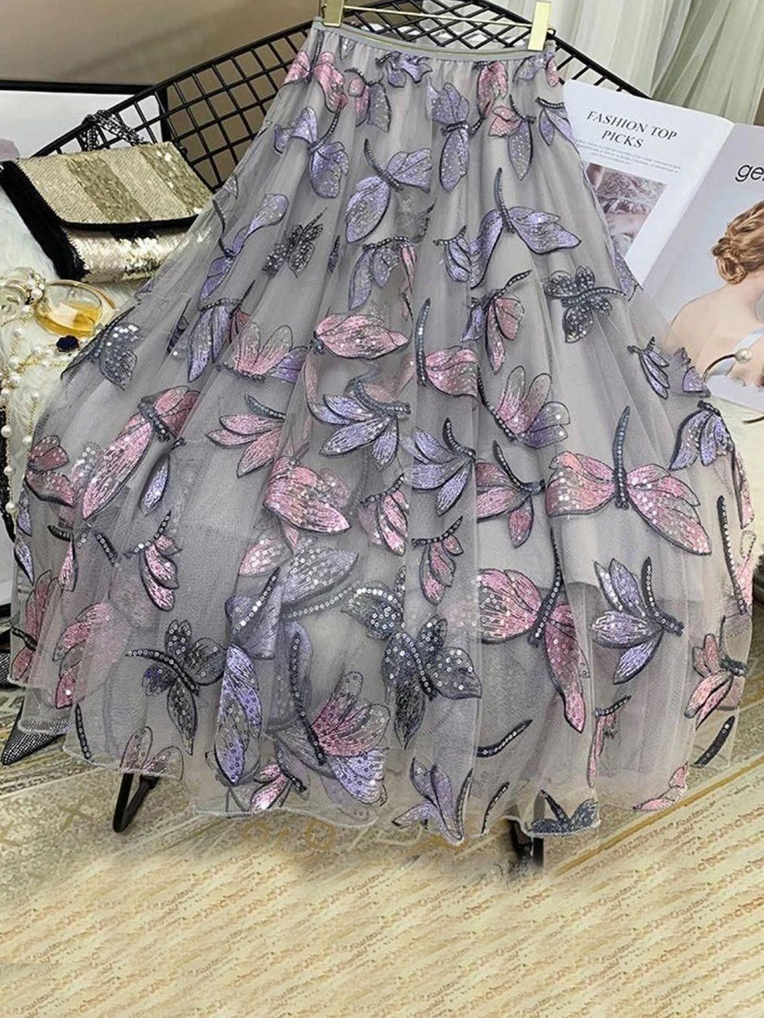 Miss Mosa By Akanksha  Women Grey Hansel Embroidered Skirt