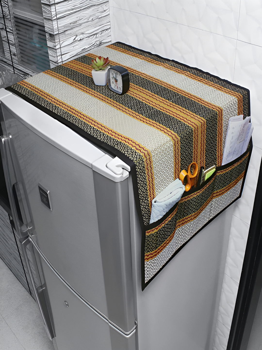 HOKIPO Black & Yellow Eco-Friendly Fridge Cover Top With Pocket