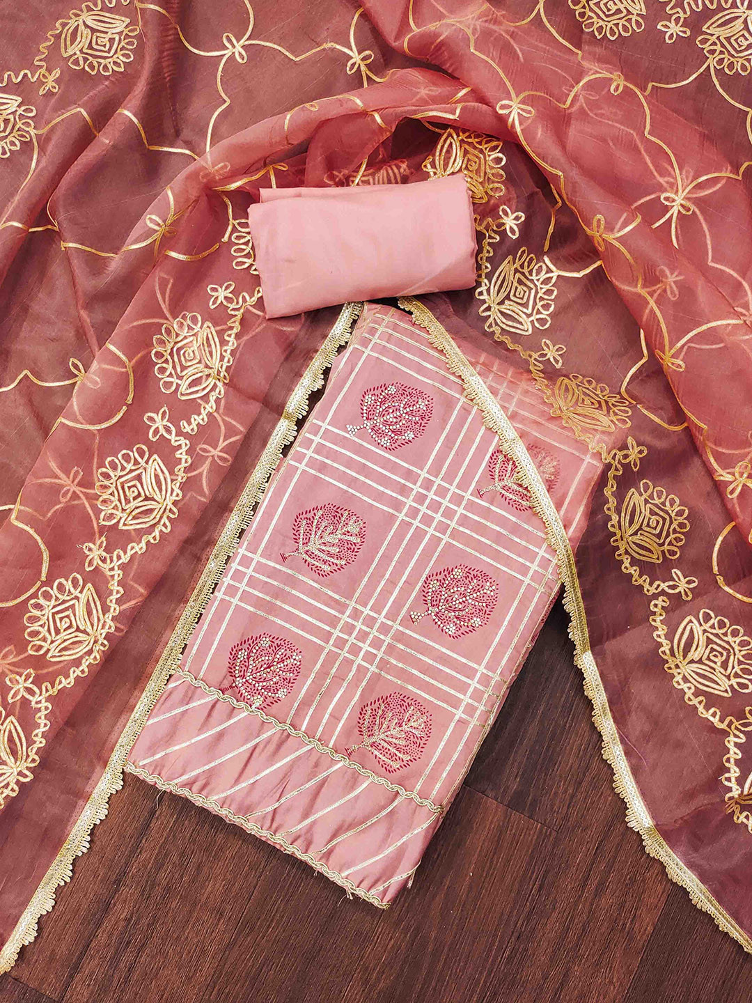 KALINI Floral Embellished Gotta Patti Unstitched Dress Material