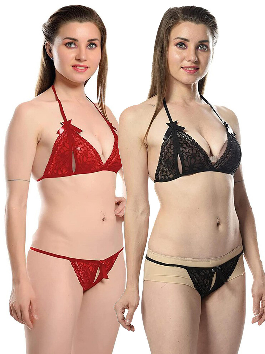 Fihana Pack Of 2 Halter Neck Net Lace Lingerie Set FPR-206-BLK-RED-30B