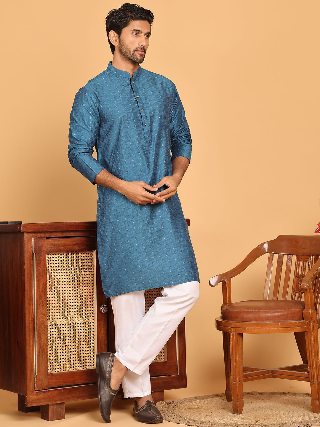 Anouk Blue Geometric Woven Design Mandarina Collar Kurta With Trouser