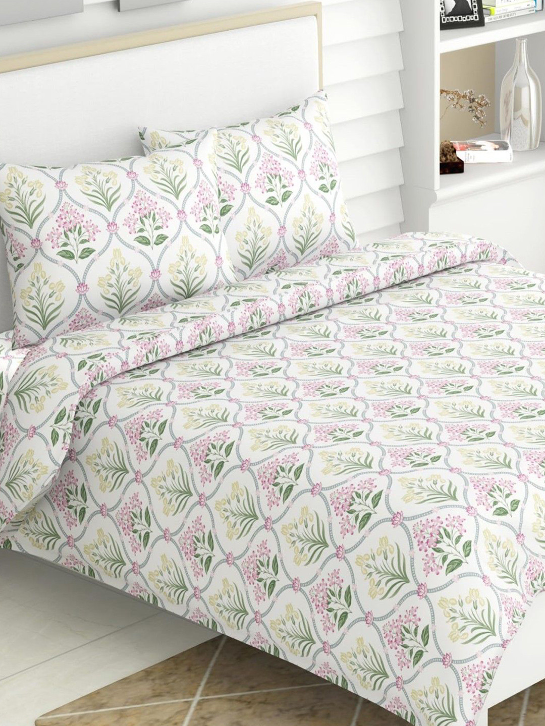 haus & kinder Blossom White Printed Pure Cotton 186TC Fitted Bedsheet Set-1.9mx1.8mx33cm
