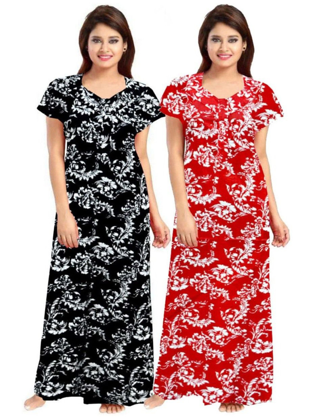 PR PINK ROYAL Women Pack of 2 Printed V-Neck Short Sleeves Pure Cotton Maxi Nightdress
