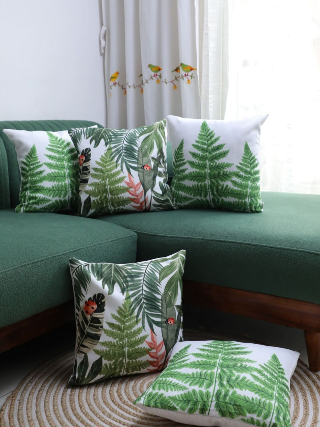 LUSHLYF Our Lady Beetle X Ferns in Bloom White & Green 5 Pcs Velvet Square Cushion Covers