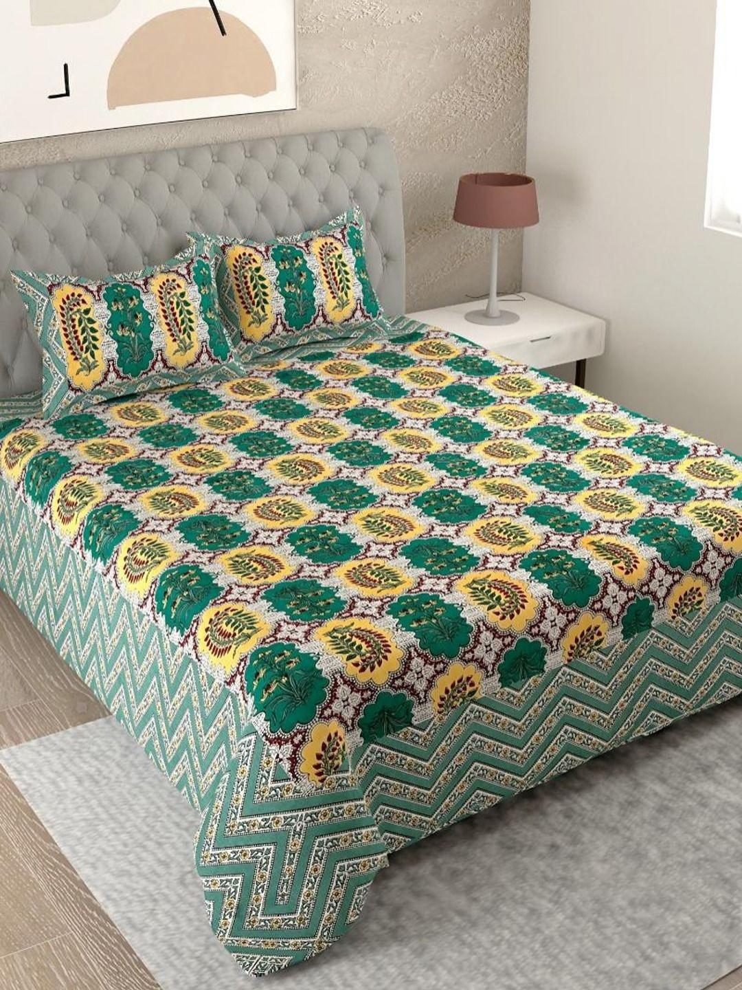 Myntra Elegant Homes Grey & Yellow Floral Printed 180 TC King Bedsheet Set 2.74 m x 2.54 m