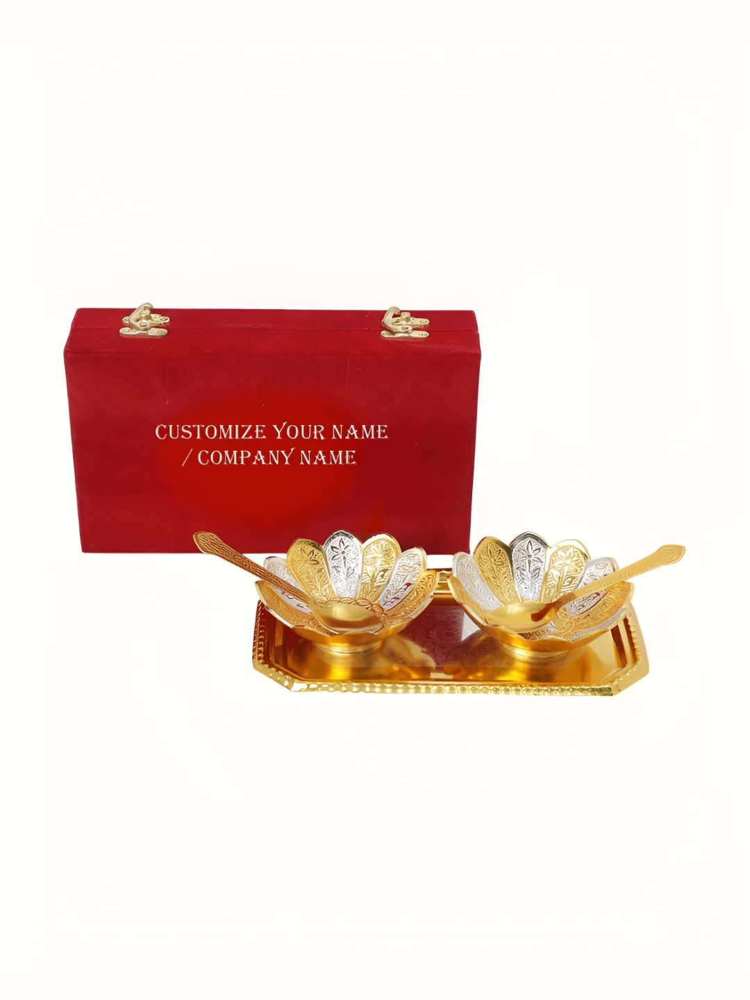 INTERNATIONAL GIFT Silver And Gold-Toned 6 PCS Bowl Set With Tray & Spoons With Velvet Box