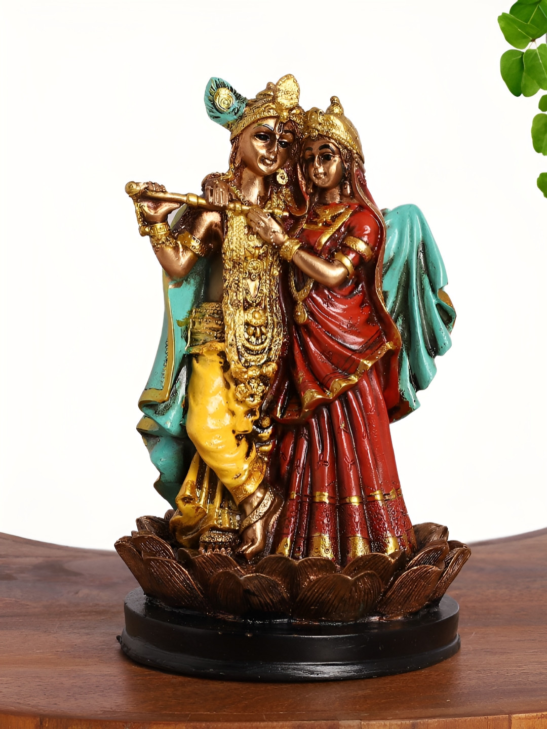 INTERNATIONAL GIFT Radha Krishna with Flute On Lotus Gold Polyresin Natural Prayer Room Small Showpiece - 5 Inches