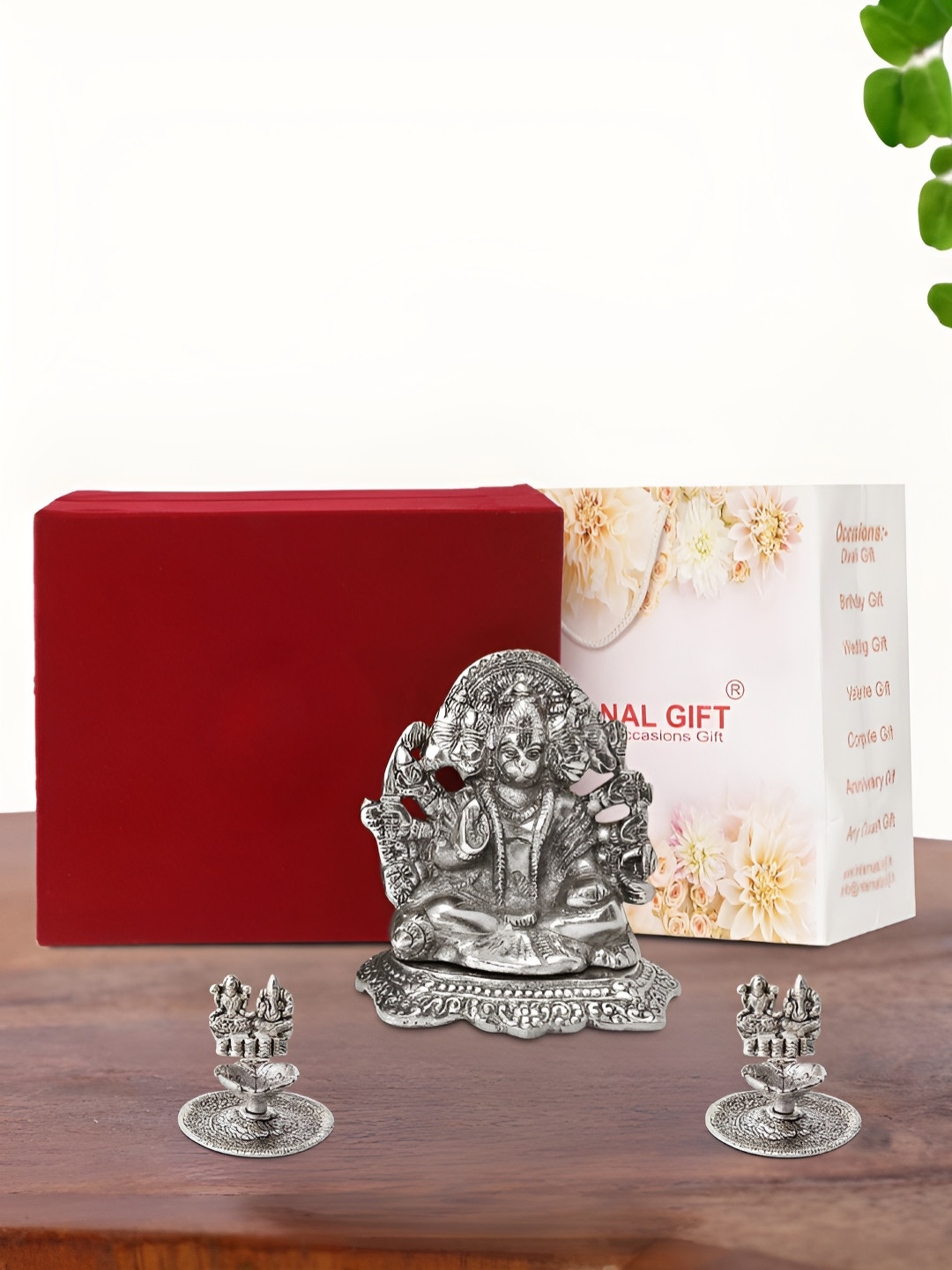 INTERNATIONAL GIFT Panchmukhi Hanuman with Diya Silver Metal Metallic Prayer Room Set of 3 Medium Showpieces - 5.1 Inches