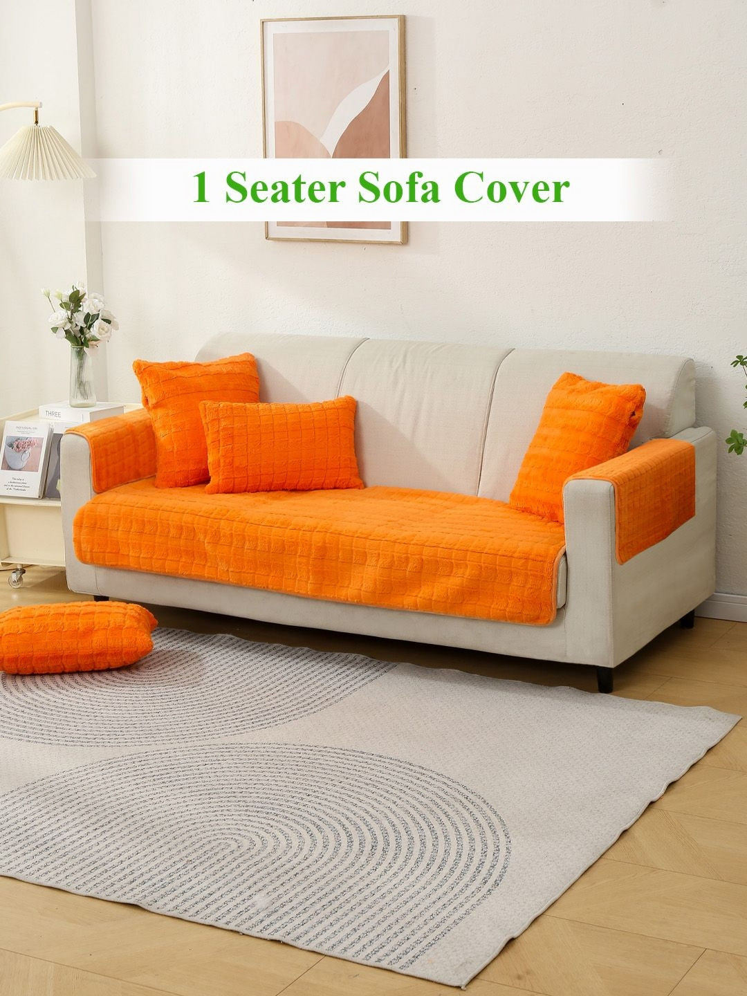 HOKIPO Orange Plush 1 Seater Sofa Seat Mat & 2 Armrest Covers
