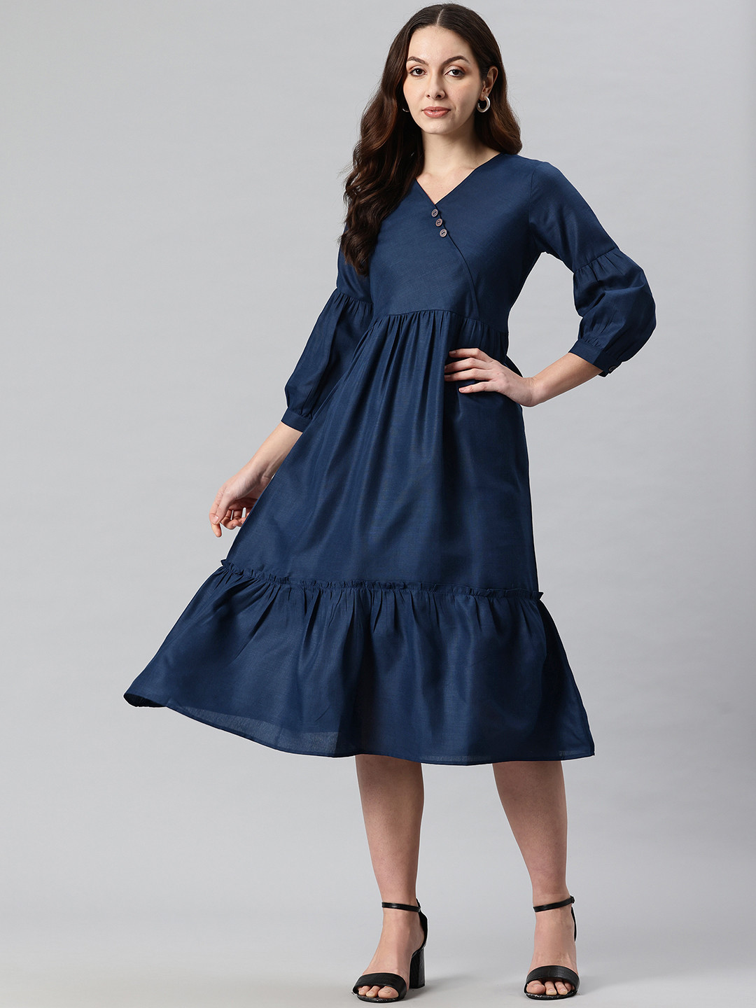 Cottinfab Lantern Sleeve Wrap Style Midi Dress
