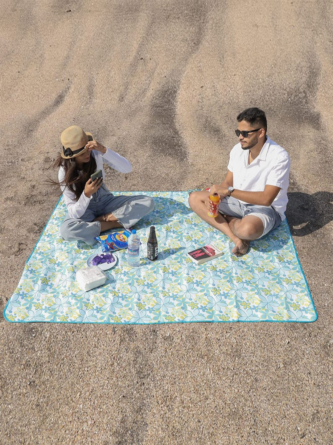 HOKIPO Blue & Yellow Floral Printed Waterproof Foldable Picnic Blanket Mat