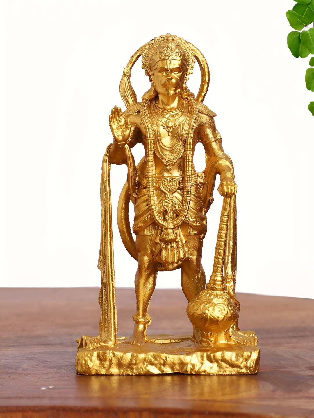 INTERNATIONAL GIFT Hanuman with Gada Gold Polyresin Natural Home Office Small Showpiece - 4.5 Inches