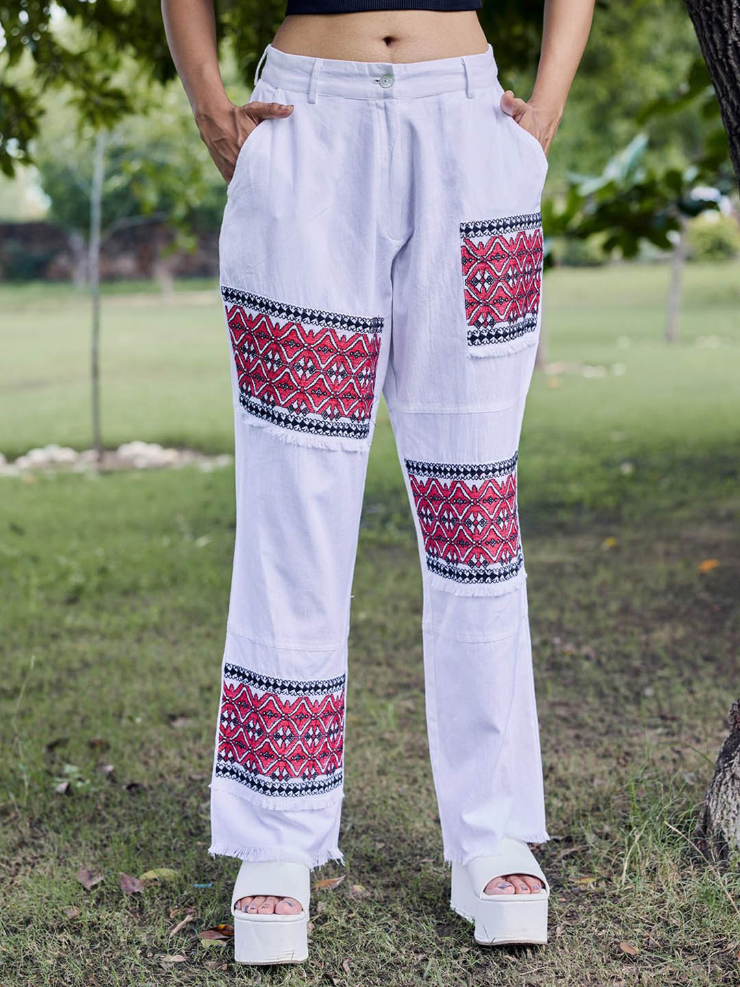 Sencei Women Ethnic Motifs Embroidered Cotton Smart Loose Fit Regular Trousers