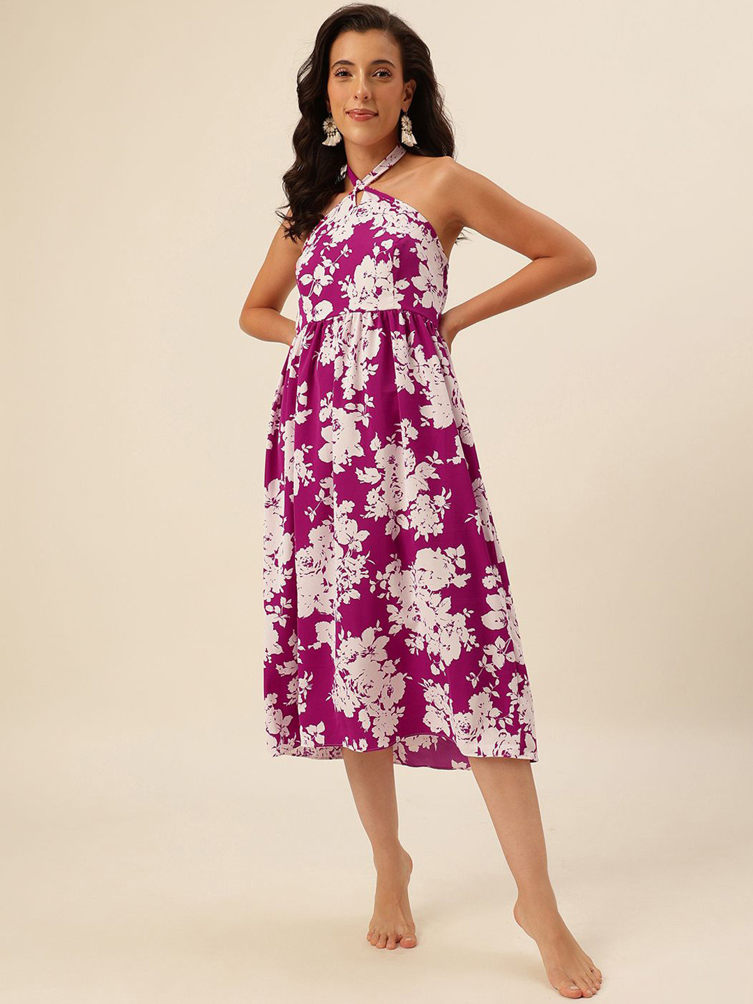 CUKOO Floral Printed Halter Neck Sleeveless Georgette A-Line Midi Dresses