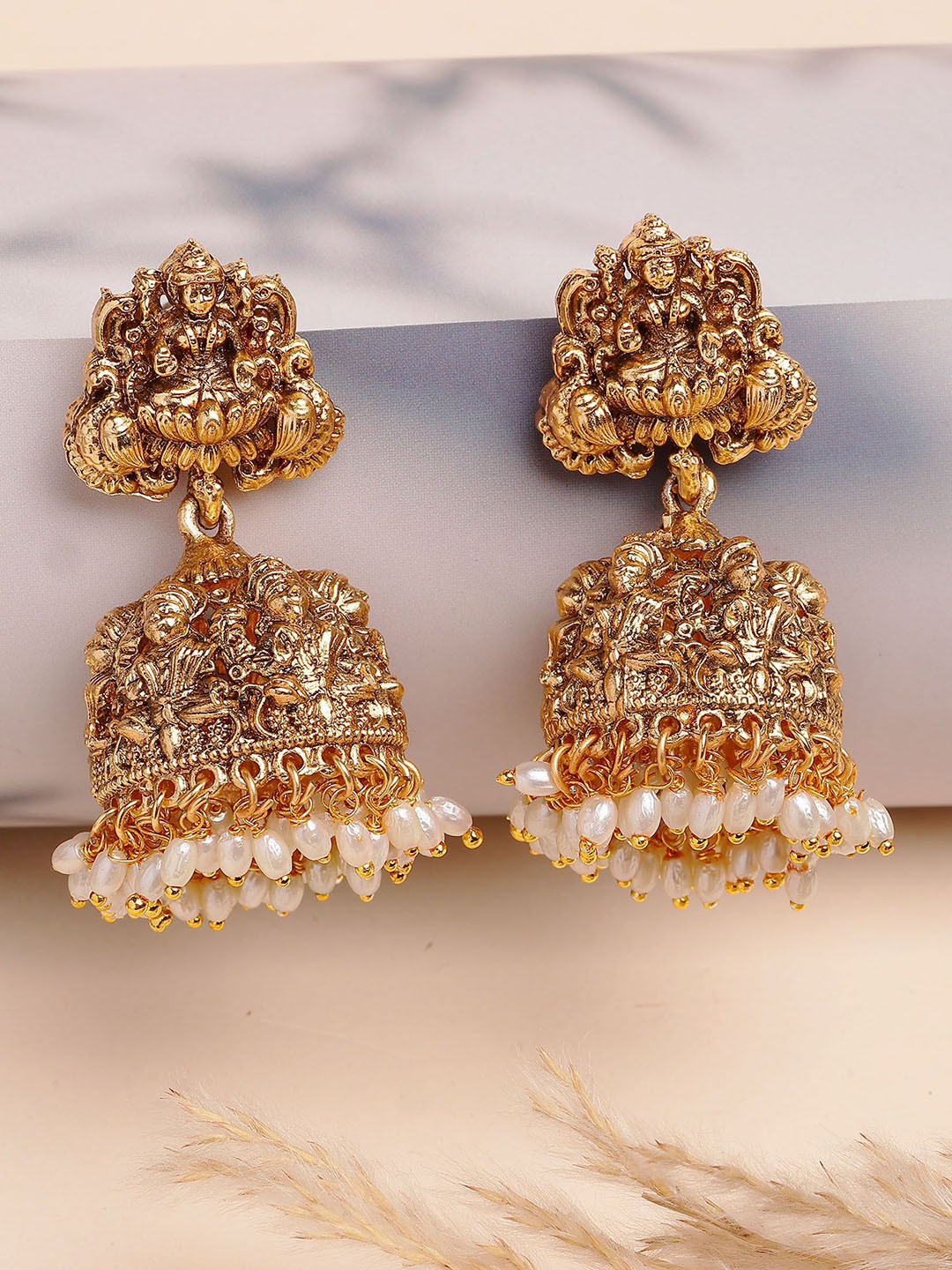 KARATCART Gold-Plated Beaded Laxmi Mata Design Jhumkas