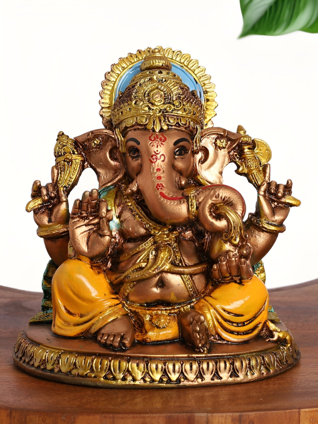 INTERNATIONAL GIFT Lord Ganesha Sitting on Throne Brown Polyresin Glossy Prayer Room Small Showpiece - 7 Inches
