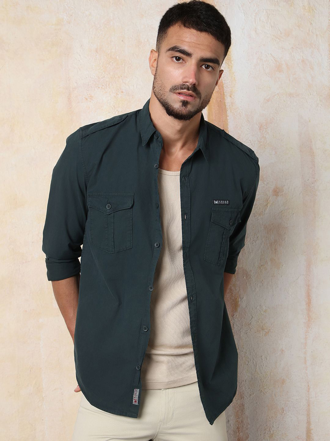 High Star Men Regular Fit Utility Heavy Washed Spread Collar Solid Cotton Casual Shirt