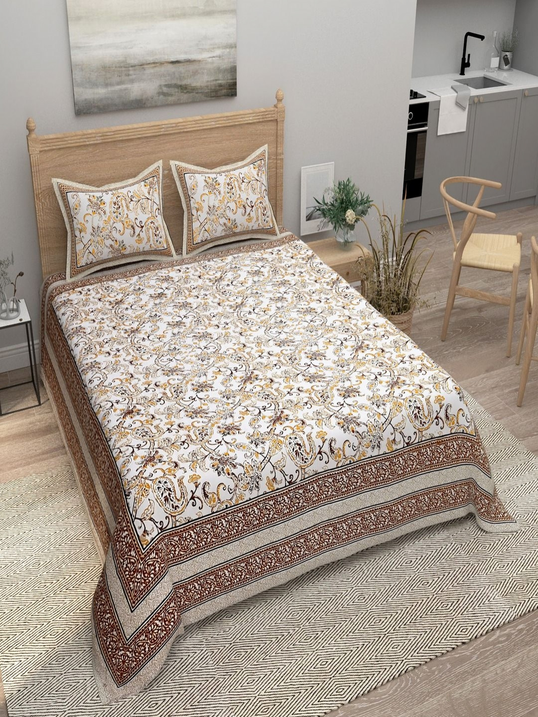 Myntra Elegant Homes Traditional Maroon Floral Cotton 180 TC King Bedsheet with 2 Pillow Covers-108 x 100 inches