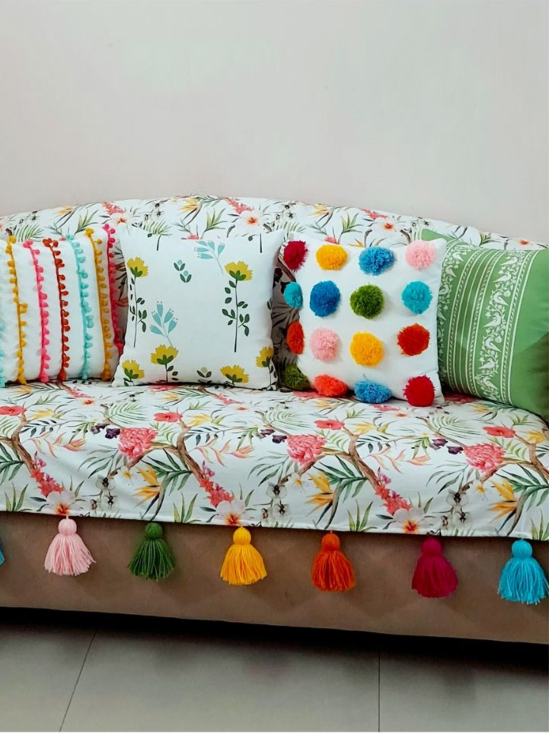 THROWPILLOW White And Green Floral Printed Anti Slip Thick And Sturdy Sofa Cover