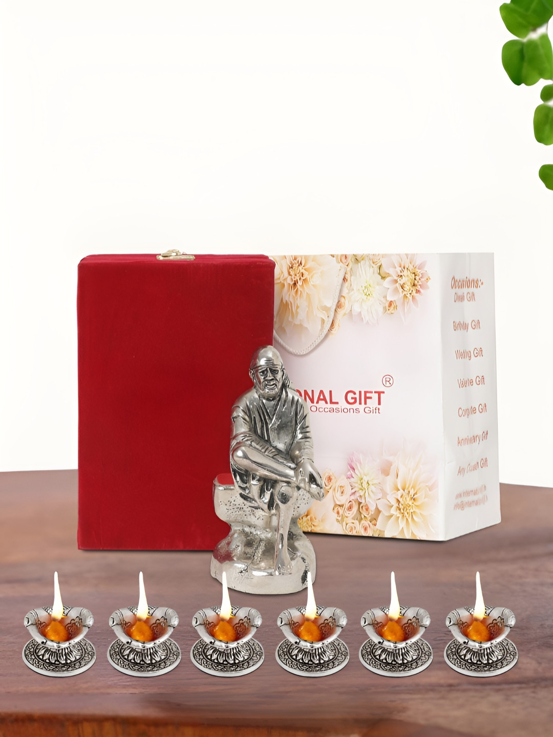 INTERNATIONAL GIFT Sai Baba Idol with 6 Diya, Velvet Box and Carry Bag Silver Aluminium Metallic Prayer Room Medium Showpiece - 6 Inches