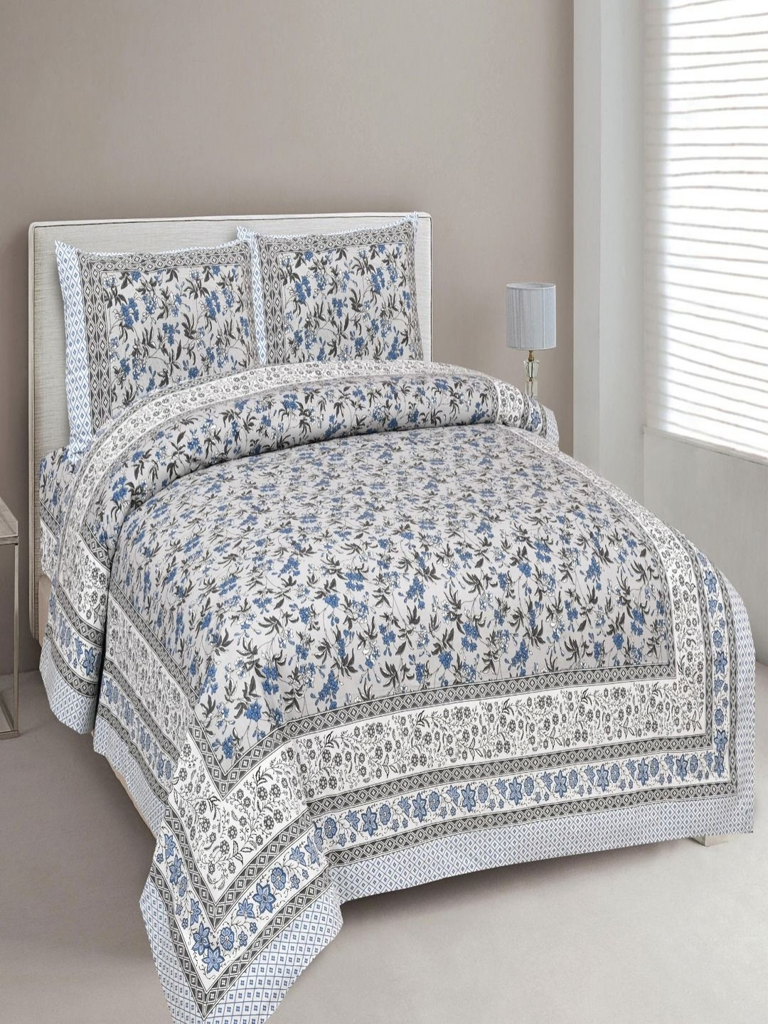 Myntra Elegant Homes Beige Floral Cotton 180 TC King Fine Bedsheet with 2 Pillow Covers-108 x 100 inches