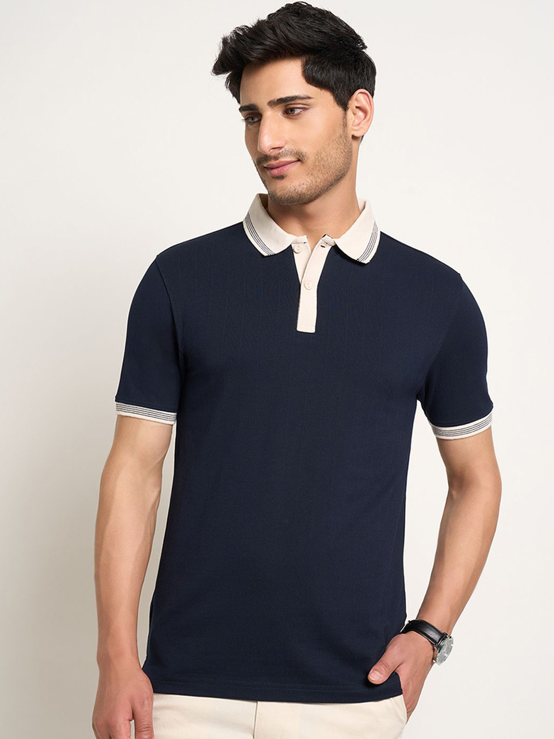 Peregrine by Pantaloons Men Solid Polo Collar Cotton Slim Fit T-shirt
