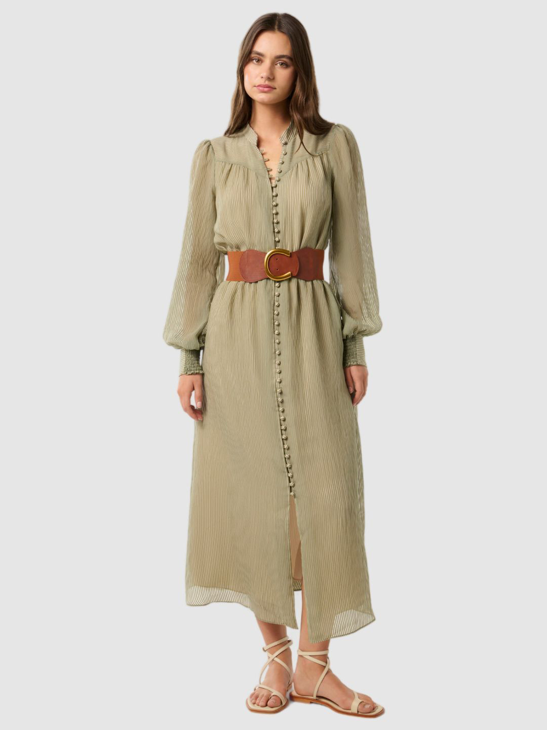 Forever New Women Self Stripe Cuffed Sleeves A-Line Midi Dress