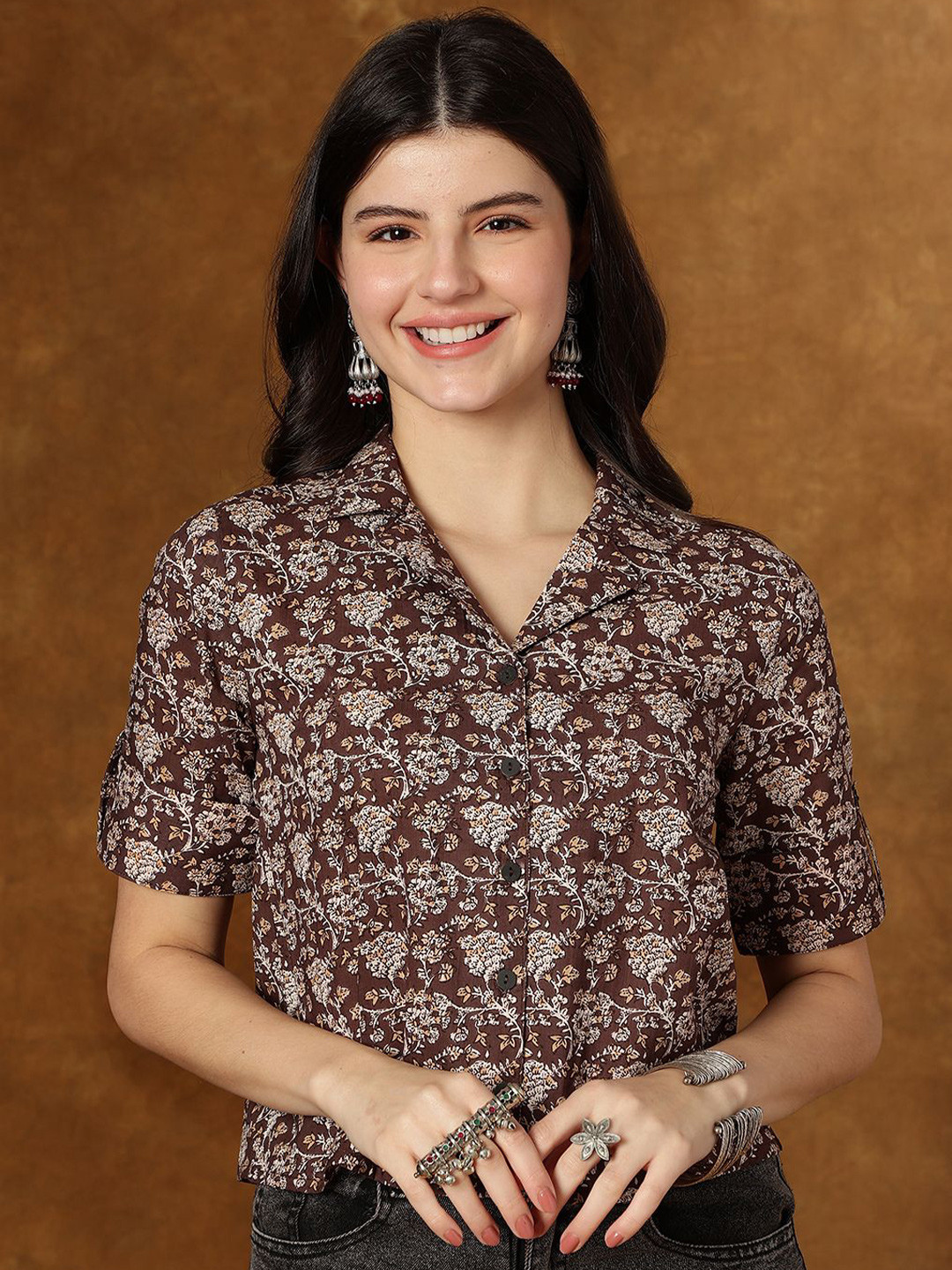 JANAKDULARI CREATION Women Floral Printed Roll-Up Sleeves Cotton Shirt Style Top