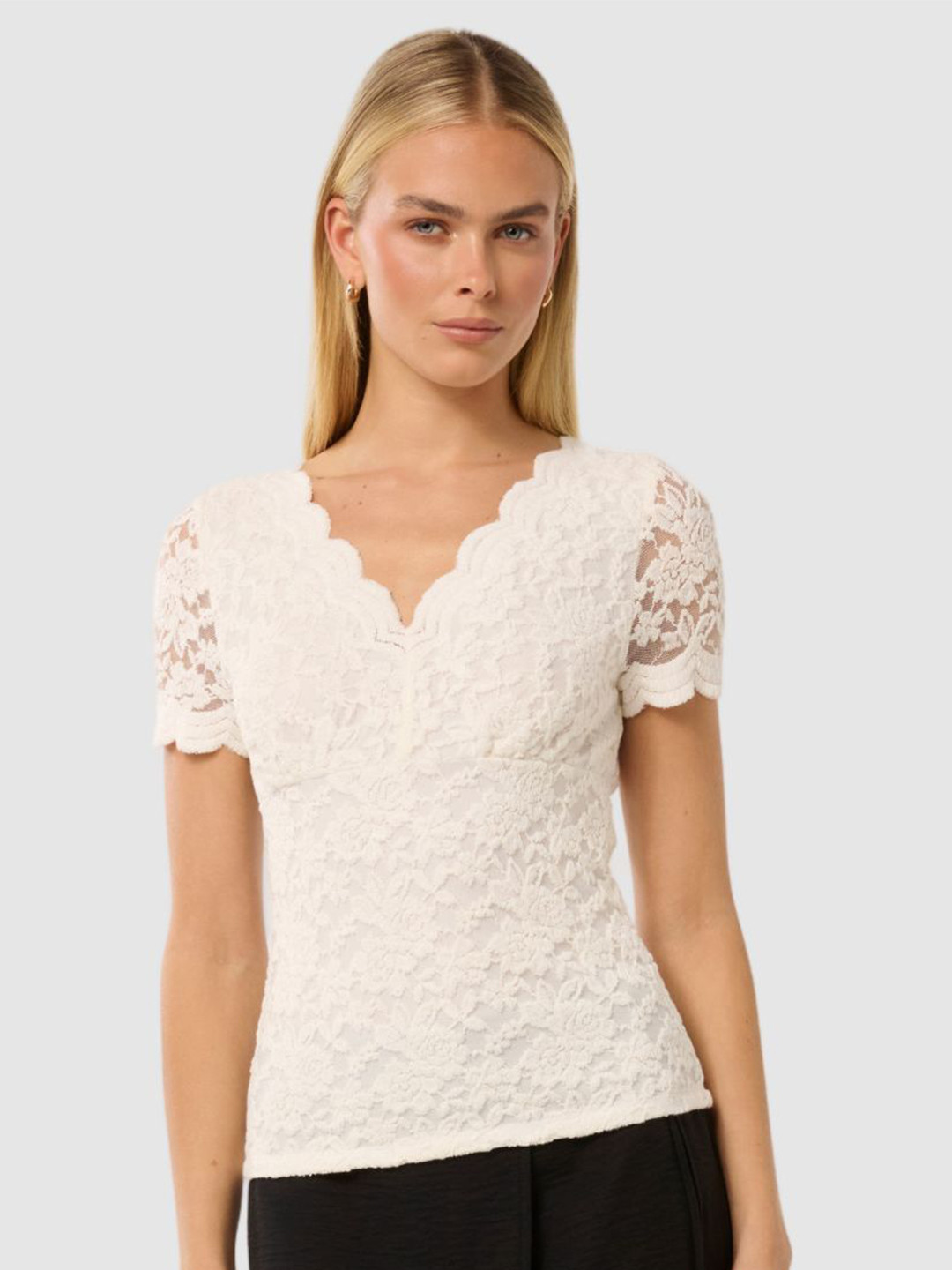 Forever New Women V-Neck Lace Inserts Fitted Top