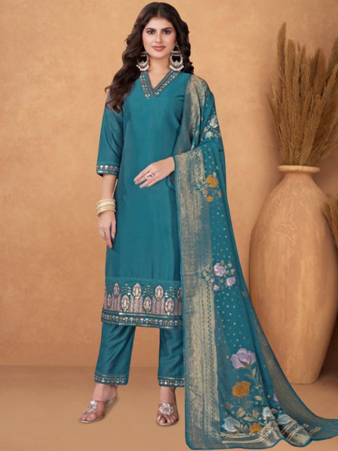 PARROT CREATION Floral Yoke Design V-Neck Pure Silk Straight Kurta With Trouser & Dupatta