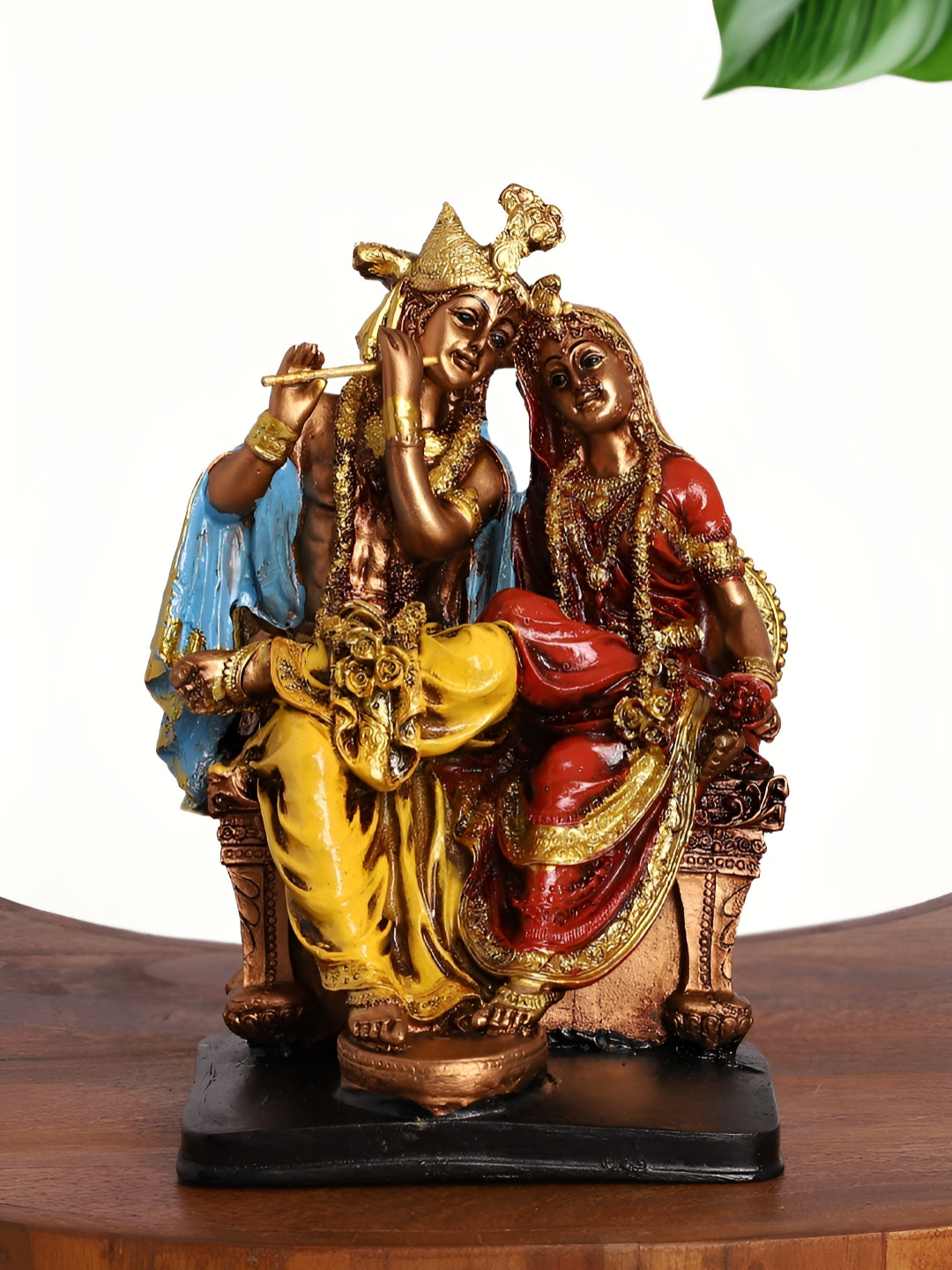 INTERNATIONAL GIFT Radha Krishna Sitting on Throne with Flute Gold Polyresin Matte Prayer Room Small Showpiece - 5 Inches