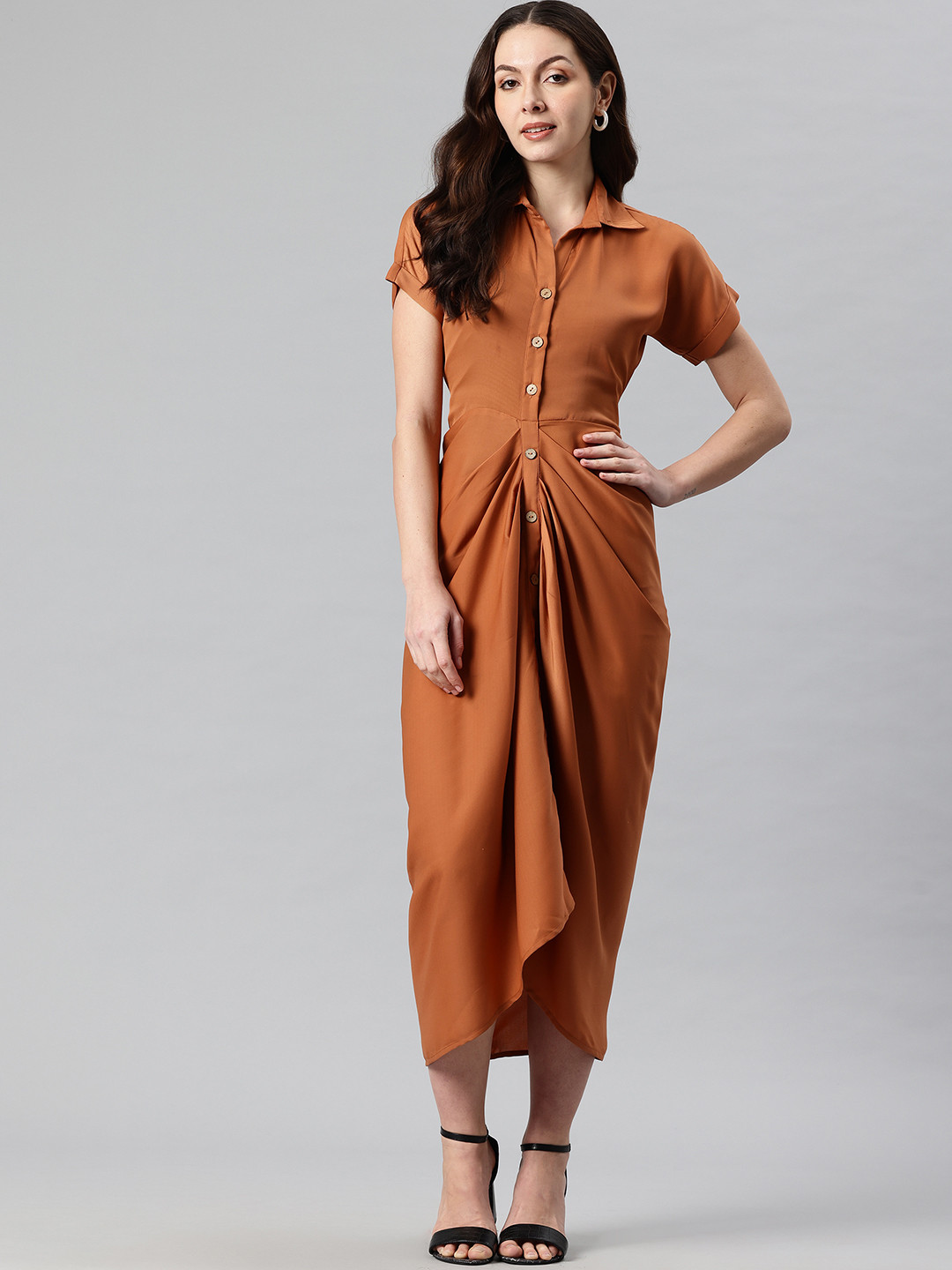 Cottinfab Solid Printed Asymmetric Hem Shirt Midi Dress with Gathered Detail