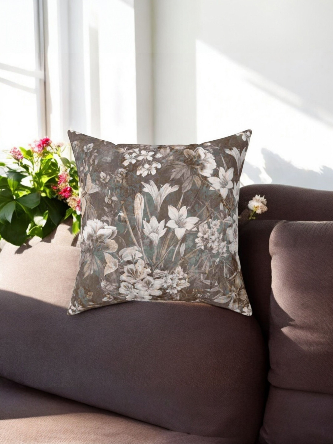 LUSHLYF Antique Garden White & Brown Floral Printed Velvet Square Cushion Covers
